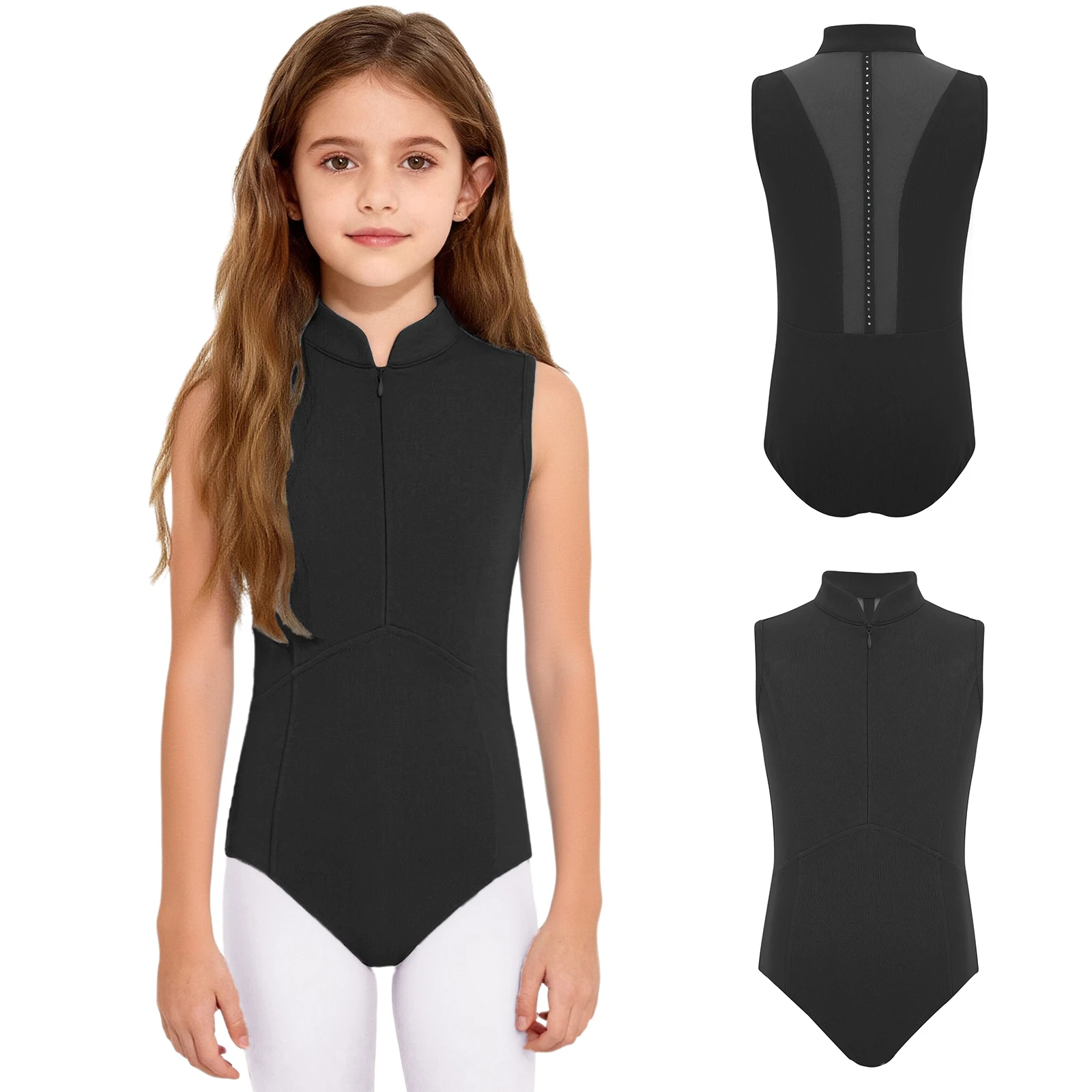 

Kids Girls Ballet Dance Leotard Stand Collar Sleeveless Sheer Mesh Shiny Rhinestones Bodysuit Figure Skating Gymnastics Unitards