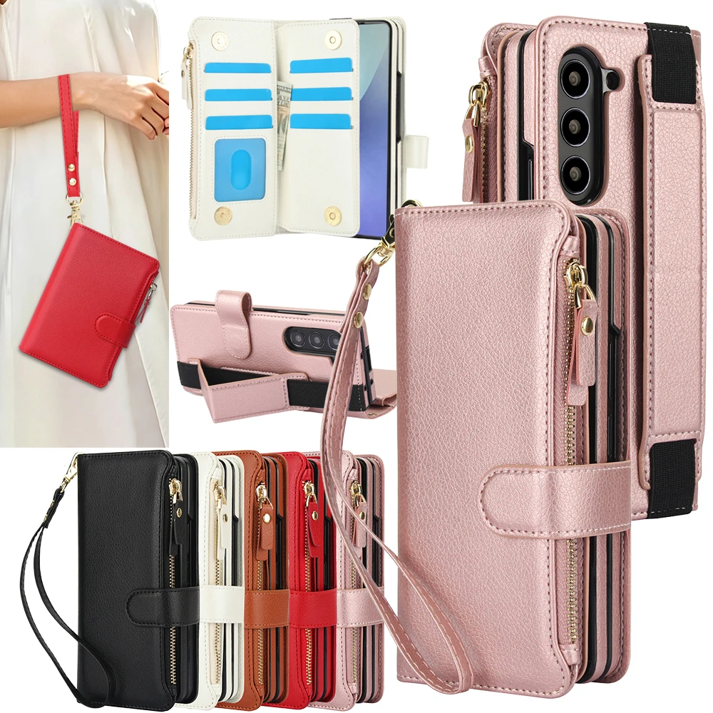 Wristband Card Slots Zipper Leather Wallet Flip Phone Case for Samsung Galaxy Z Fold 8 Ultra 7 6 5 4 3 Ring Lanyard Purse Cover