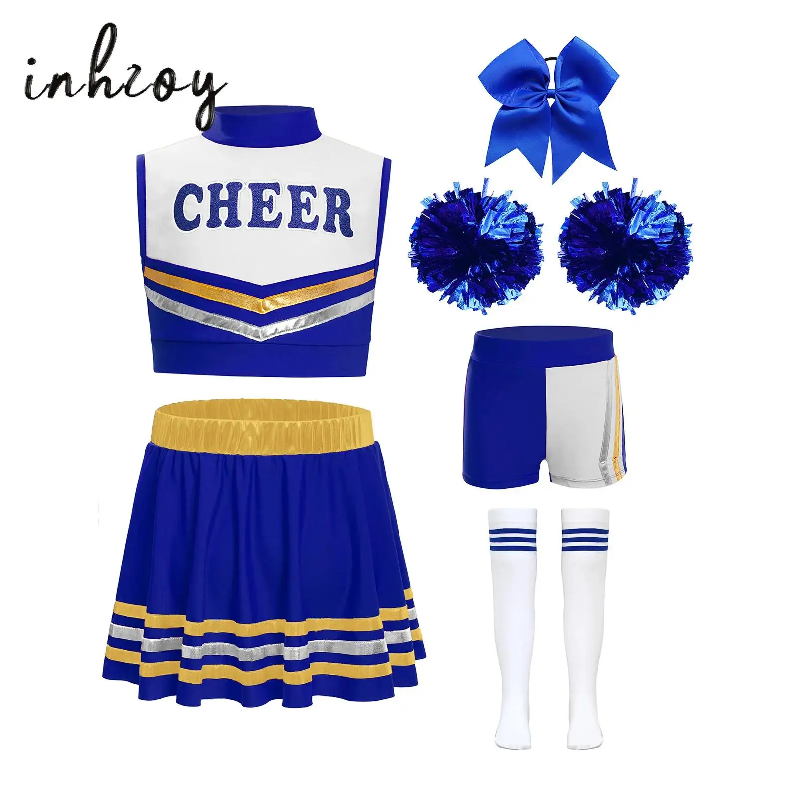 

6Pcs/Set Girls Cheerleading Dance Outfit Sleeveless Letters Printed Crop Top+Shorts+Striped Skirt+Headwear+Flower Balls+Socks
