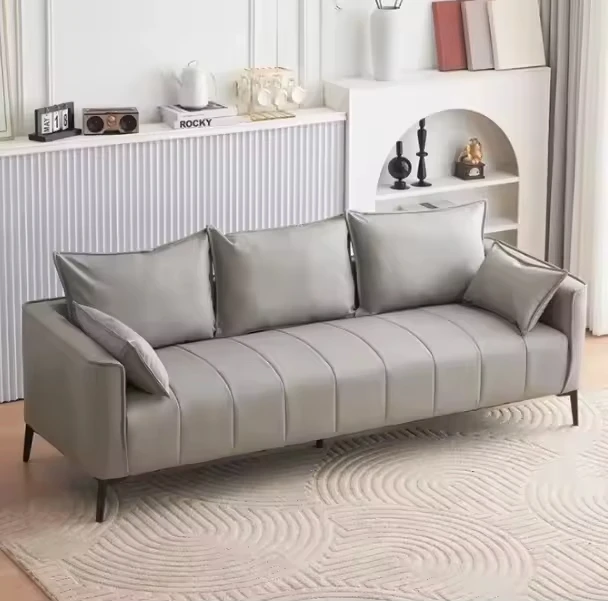 Stylish Modern Light Grey Leather Living Room Sofa with Durable Cushions