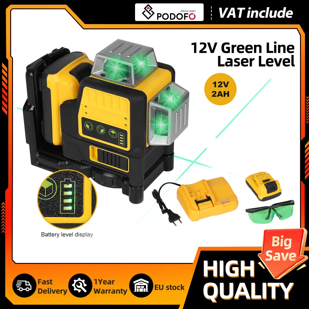 Niveau laser Podofo 12V, 3 côtés * 360 degrés, 12 lignes verticales et horizontales vertes, pour batterie lithium 12V, outil d'extérieur