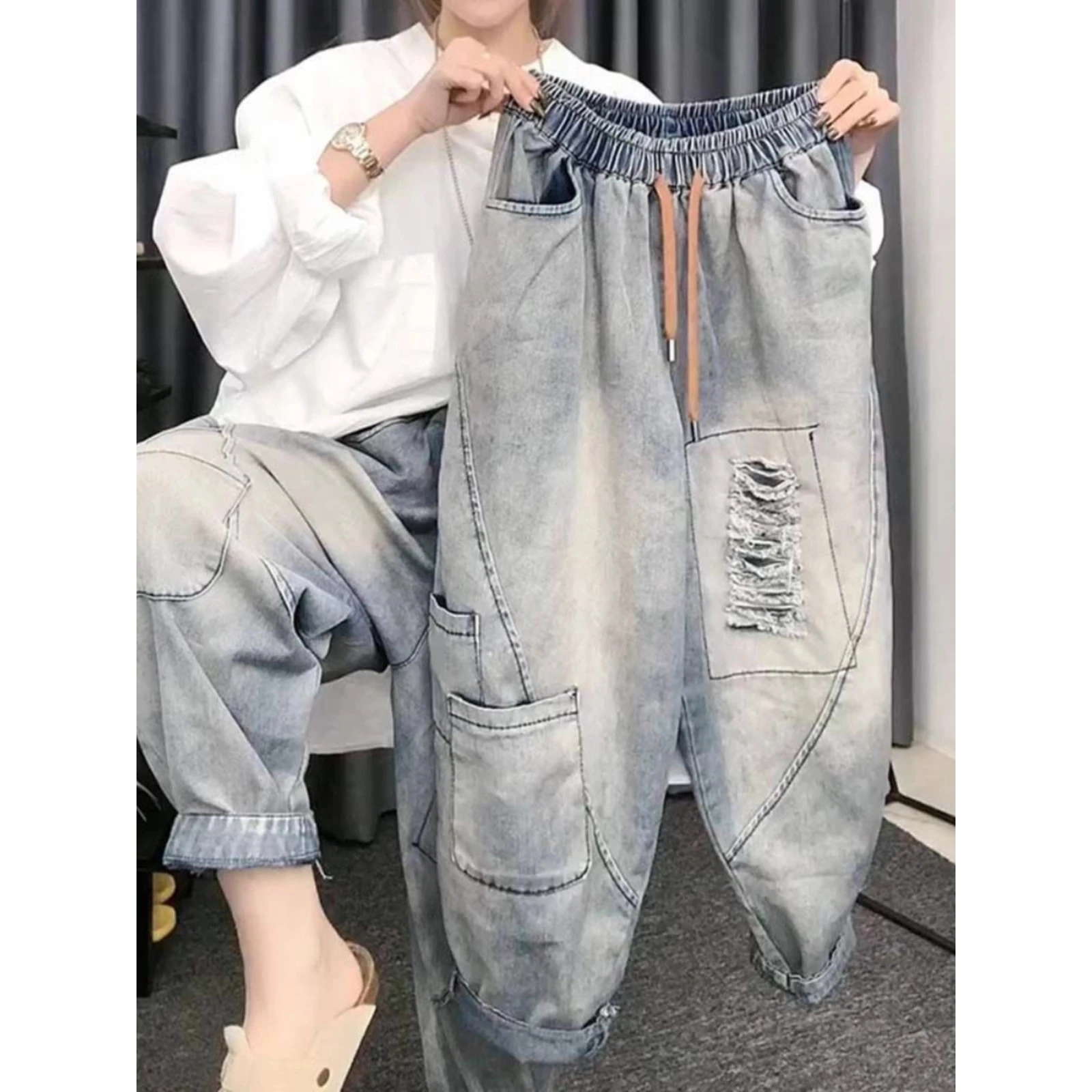 

Очень большие джинсовые брюки Харлан с завышенной талией 300, мужские рваные брюки в американском стиле High Street в стиле ретро, повседневные брюки