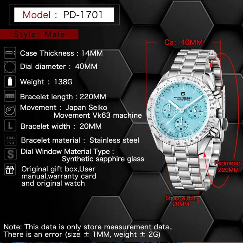 2025 Pagani diseño último reloj para hombre Reloj de cuarzo de negocios Vk63 cronógrafo deportivo luminoso para hombre cristal de zafiro caja de regalo 10BAR