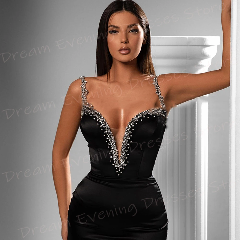 Charmante robe de soirée sirène noire pour femmes, robe de Rhperlée, robe de soirée classique, bretelles spaghetti sexy, quelle que soit la fibre, 123