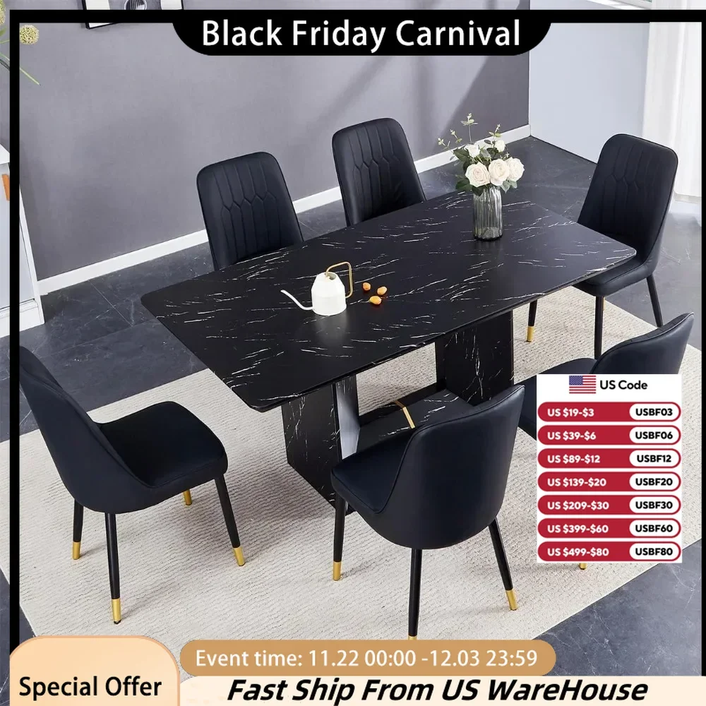 

4-person Modern Dining Table Set, Artificial Marble Dining Table Set with 4 Cushioned Chairs, Square Base