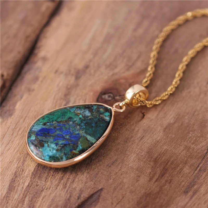 Boho Natural Stone Chrysocolla Teardrop Pendant Necklace Fashion 18k Gold Stainless Steel Chain Jewelry Wholesale Dropshipping