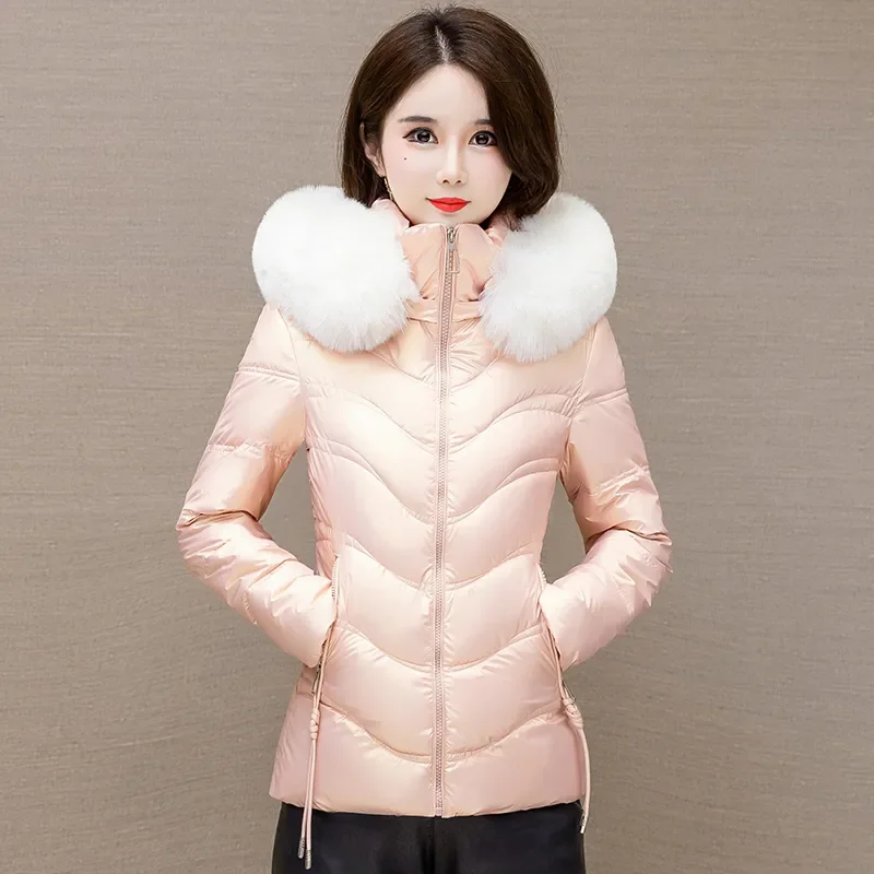 

Down Cotton Jacket Women 2024 Winter New Shiny All-match Casual Padded Coat Female Large Size Short Fur Collar Hooded Parkas