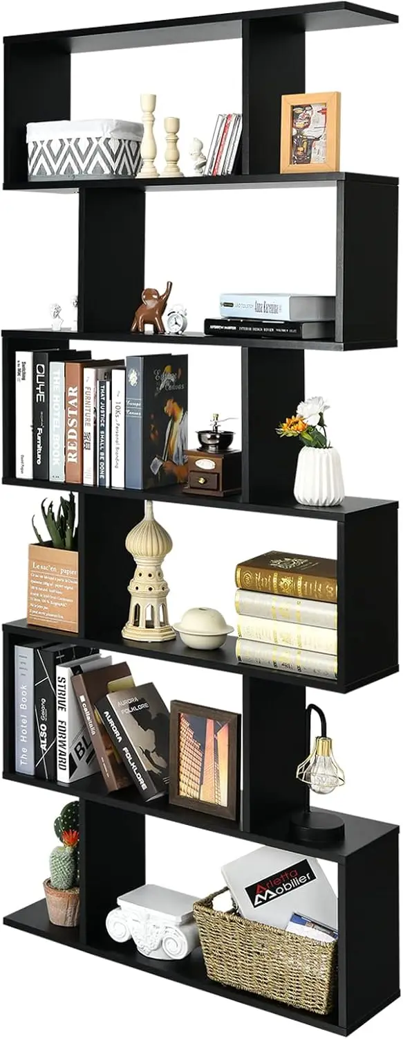 

Geometric Bookcase Black, S-Shaped Wooden Bookshelf, 6-Tier Modern Freestanding Decorative Storage Display Shelves For Bedroom,