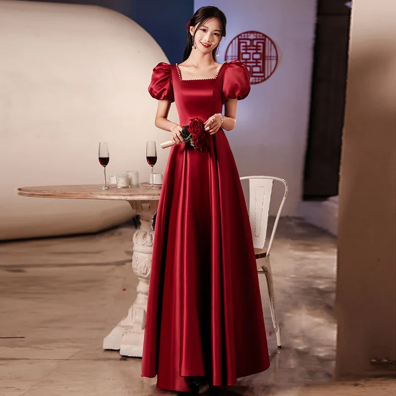 

Chinese Style Burgundy Qipao Evening Party Dress Elegant Satin Cheongsam Banquet Dress Lady Temperament A-line Vestidos De Festa