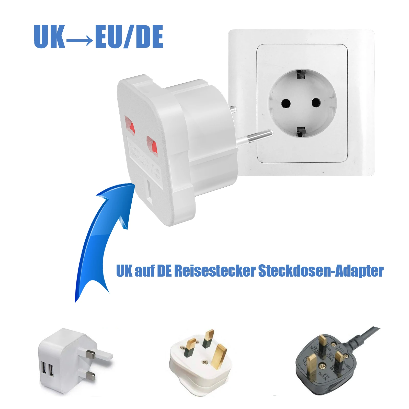 Adaptador de enchufe europeo de Reino Unido a Alemania, convertidor de enchufes eléctricos de Inglaterra a Alemania, cargador de pared de CA, 3