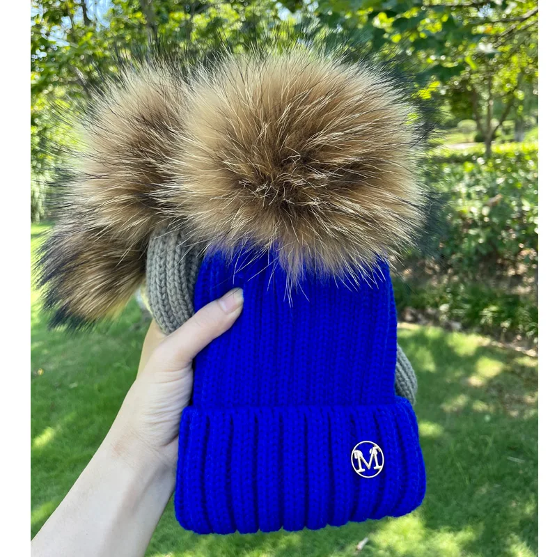 2022 New luxury brand winter hat for women Fox fur pompom hats beanie High quality Girl women bonnet winter hats fur pom pom hat