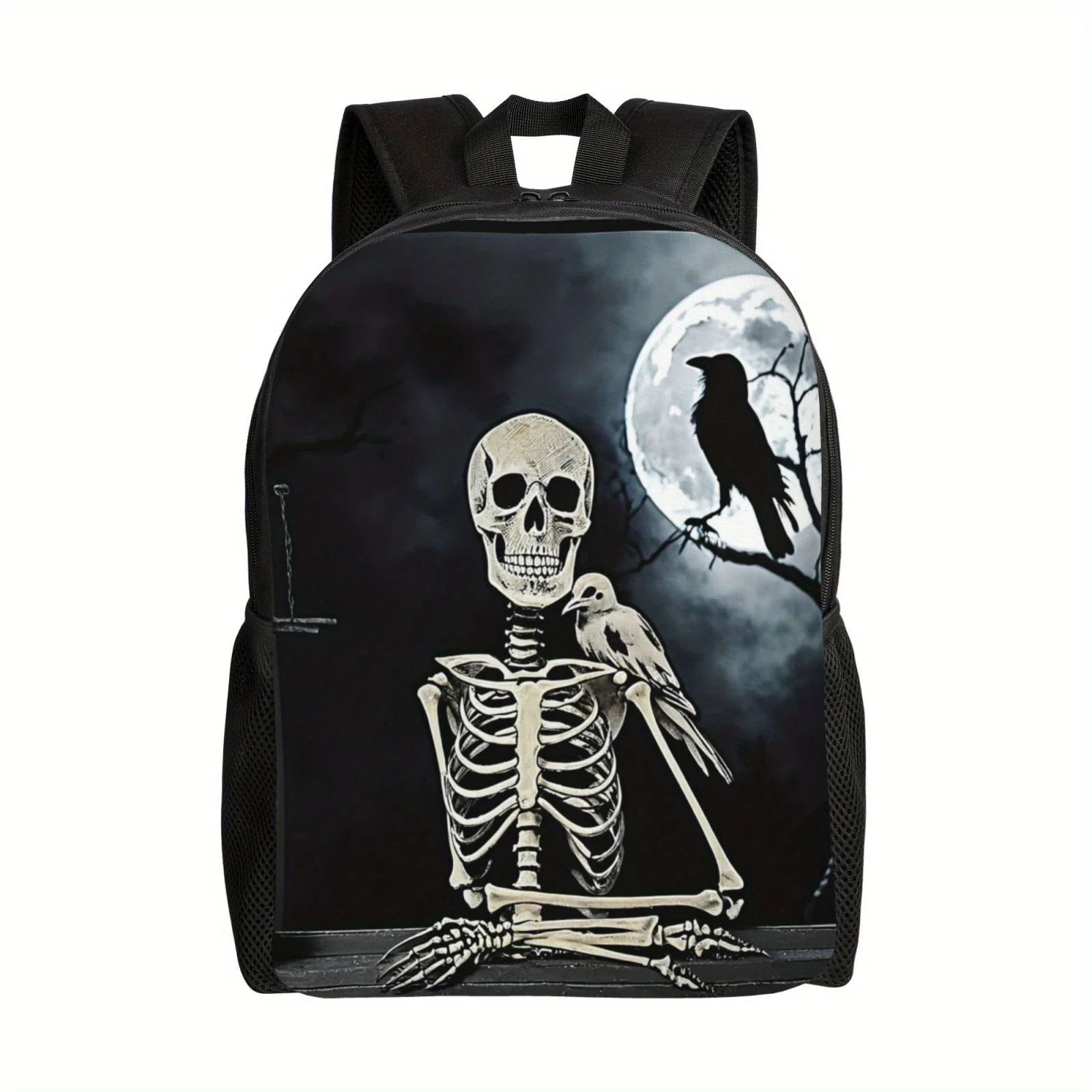 

A fashionable black backpack with skull crow print suitable for both men and women, lightweight and adjustable