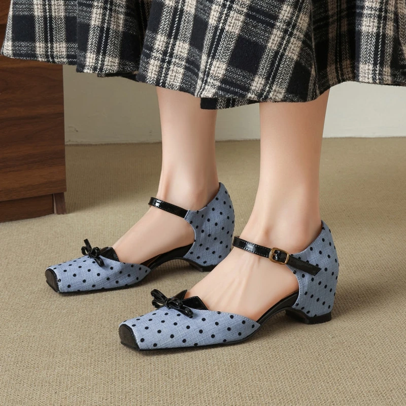 NEW Summer Women Sandals Cotton Fabric Shoes for Women Square Toe Chunky Heel Shoes Cover Toe Cover Heel Sandals Bow-knot Shoes