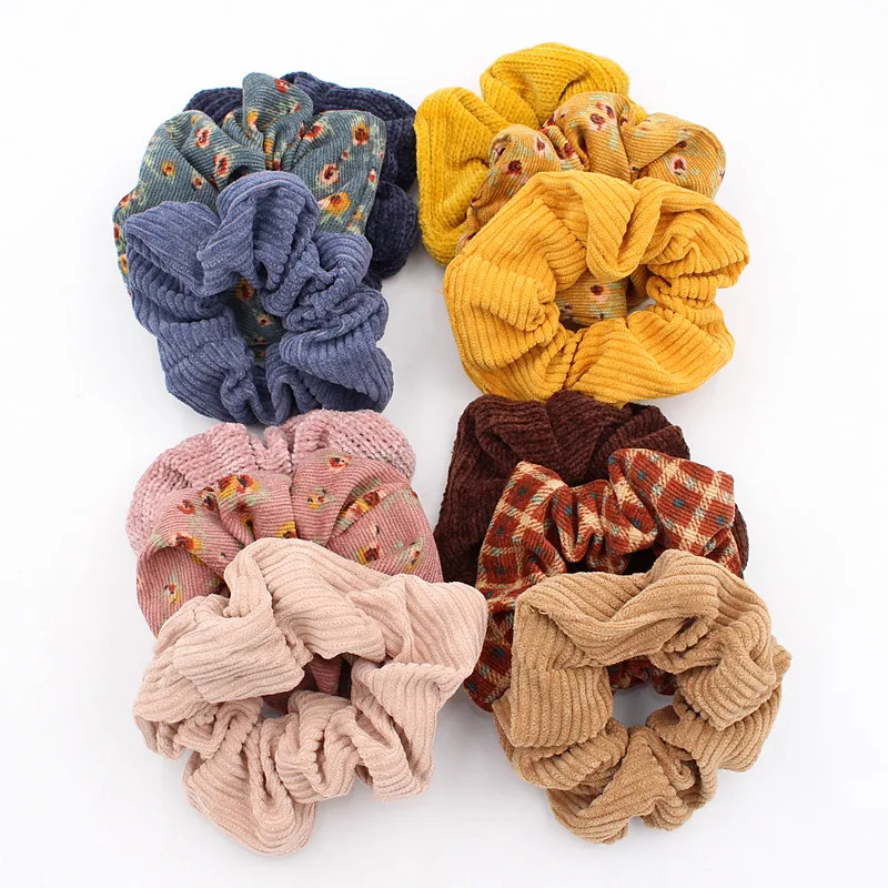 3pcs Fashion Women Vintage Corduroy Soft Chenille Solid Print Hair Scrunchy Set Big Elastic Hair Rope Ponytail Holder Headband