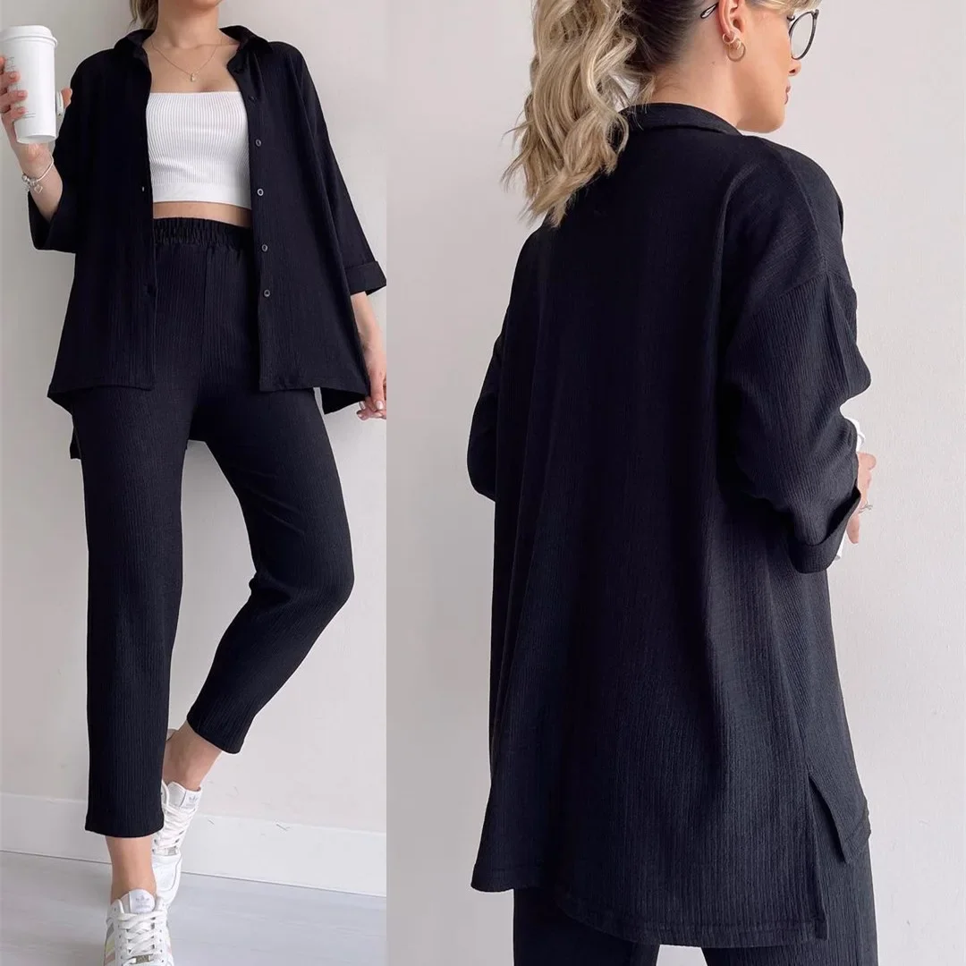 Pant Sets Women Green Two Pieces Set Long Sleeve Lapel Button Shirt Loose Wide Leg Trouser Outfits Work Sporty Suits Y2k