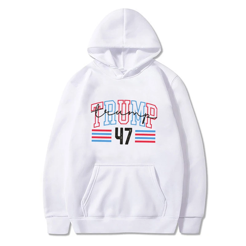 Trump 47th President Hoodie Red And Blue Alphabet Pattern Print Vintage Streetwear Sweatshirts Warmth Suitable For Winter