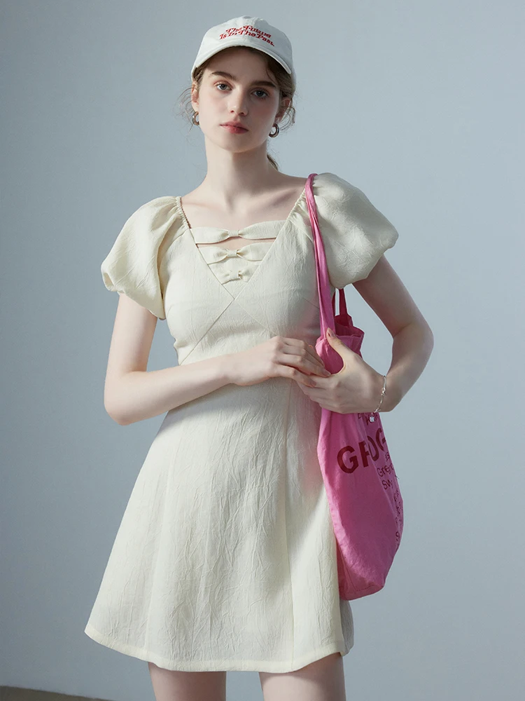 

Eggka Vintage Bubble Sve V-ne Women's Dr Summer Knot Gentle ort Skirt Polyester Fiber Ladies Faion