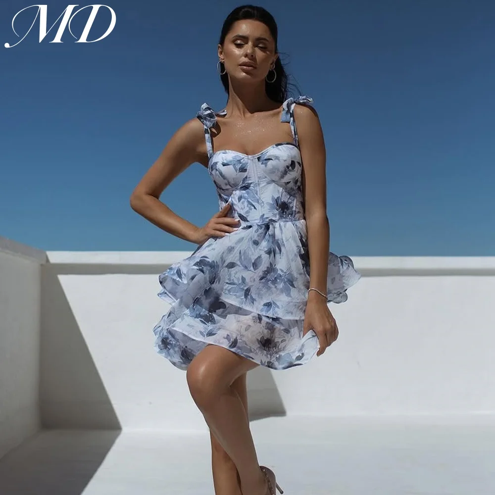 

MD New Sexy Blue Print A-line платье вечернее Organza Sweetheart Spaghetti Strap Cocktail Prom Gown Customized2025