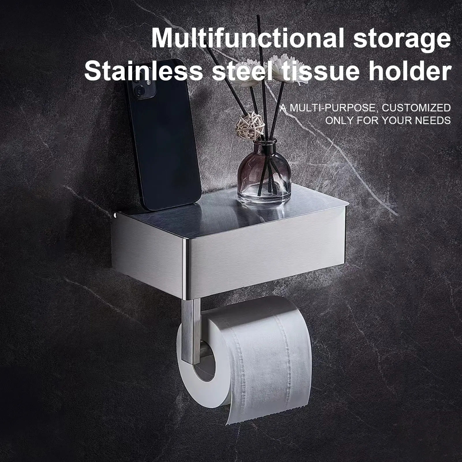 Toilet Paper Holder with Shelf Bathroom Wall-mounted Paper Roll Holder Stainless Flushable Wet Wipes Dispenser 7.91*5.04*5.31in - Image 2