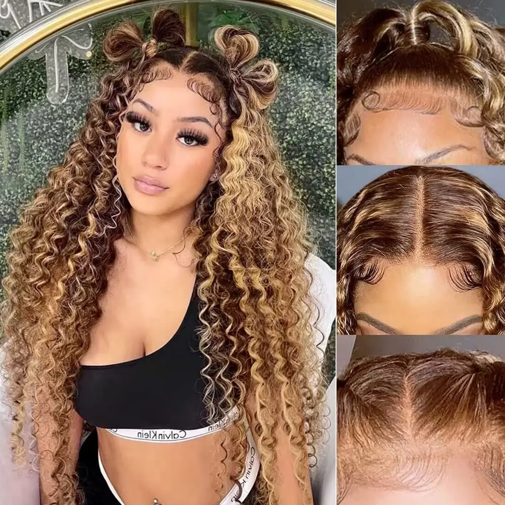 

Ombre Highlight Lace Front Wigs Human Hair 4/27 Colored 150% Density Kinky Curly Honey Blonde Wig 13X4X1 HD Lace Wigs