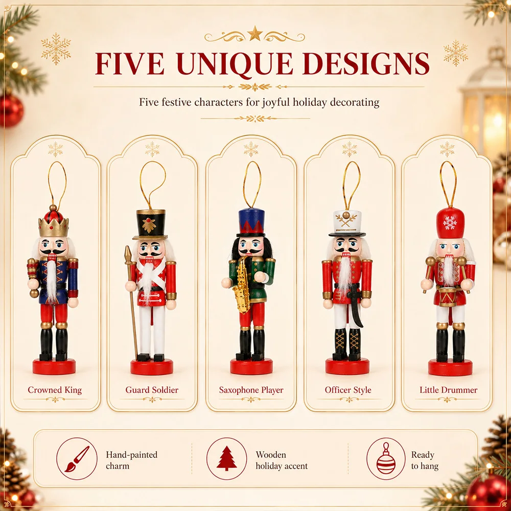 12cm 5-teiliges Holz-Nussknacker-Soldaten-Geschenkset Weihnachten DIY Baum-Anhänger Hängende Dekoration Geschenke für Zuhause Party Feiertagsdekoration – Detail 8