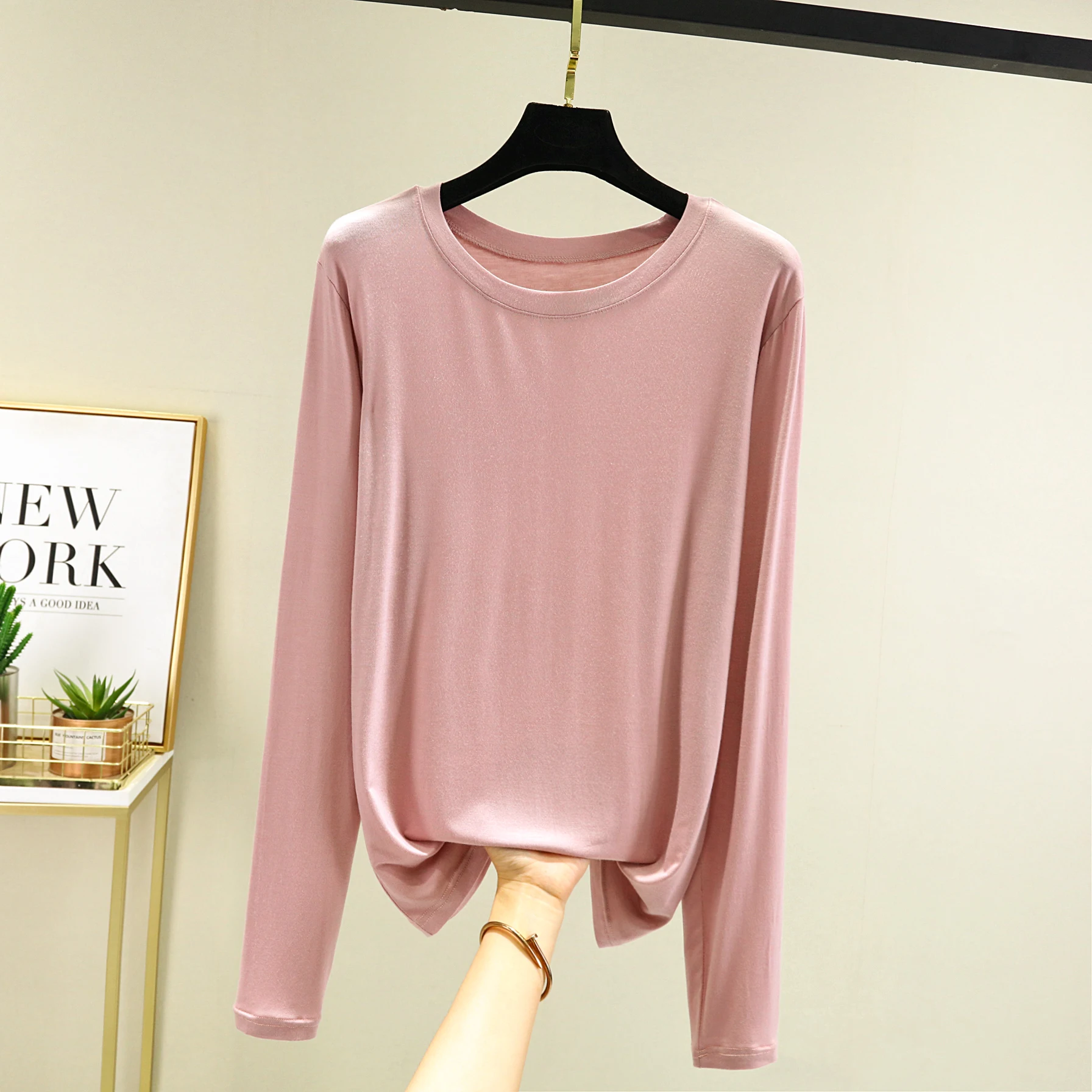 Loose Modal Long Sleeve T-Shirt Women's Spring Summer Korean Style round Neck Thin Base Shirt Pure Color Commute Simple Design