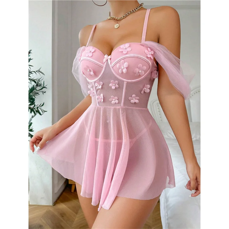 Sexy Adult Pajamas Dress Pink Mesh Sleepwear Backless Sexy Nightgown Suspenders Night Dress Women Sleeveless Summer Pajamas - Image 5