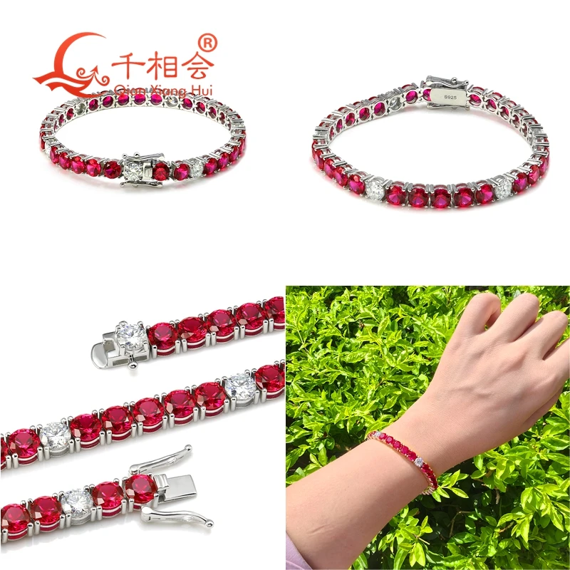 Pulsera de tenis de rubí de color rojo cultivado en laboratorio de 3mm, 4mm, 5mm y 6,5mm, pulsera de moissanita blanca de plata S925, regalo de joyería para fiesta para hombres y mujeres