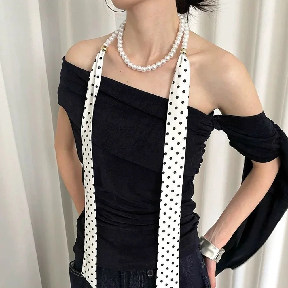 

Polka Dot Scarf Neck Ribbon Elegant Stripes Waist Belt Fluttering Ribbon Pearl Splicing High-end Long Small Silk Scarf