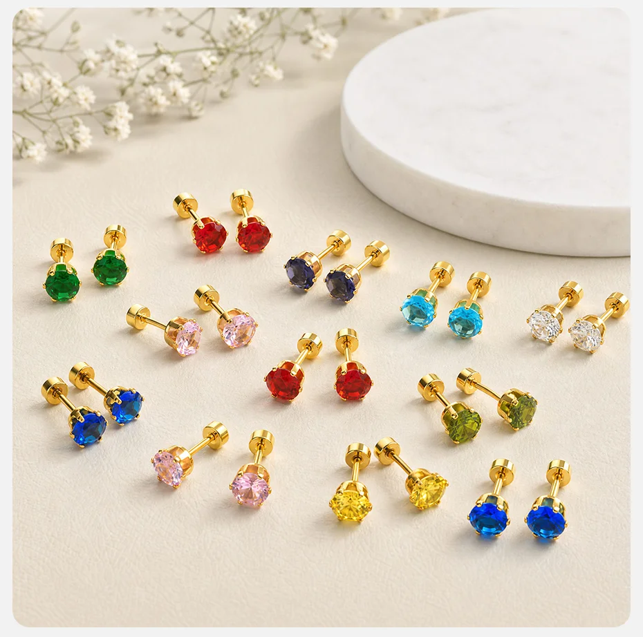 Vnox Vergoldete Bunte Zirkonia-Ohrstecker für Damen, Edelstahl-Geburtsstein-Ohrringe, Statement-Schmuck, Allergiefrei – Detail 6