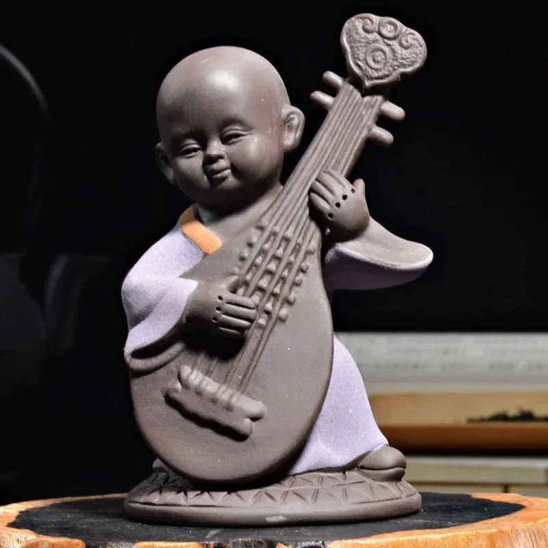 Color Sand Pottery Purple Sand Fine Tea Pet Kung Fu Tea Art Small Ornaments Blowing Pull Playing and Singing Little Monk Tea Set