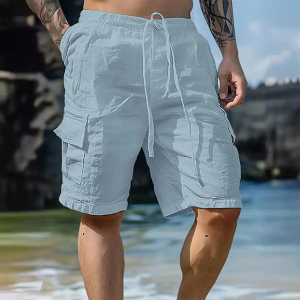 Multi-pocket Design Trousers Men's Knee-length Drawstring Shorts with Elastic Waist Multi Pockets for Casual Daily Wear Beach