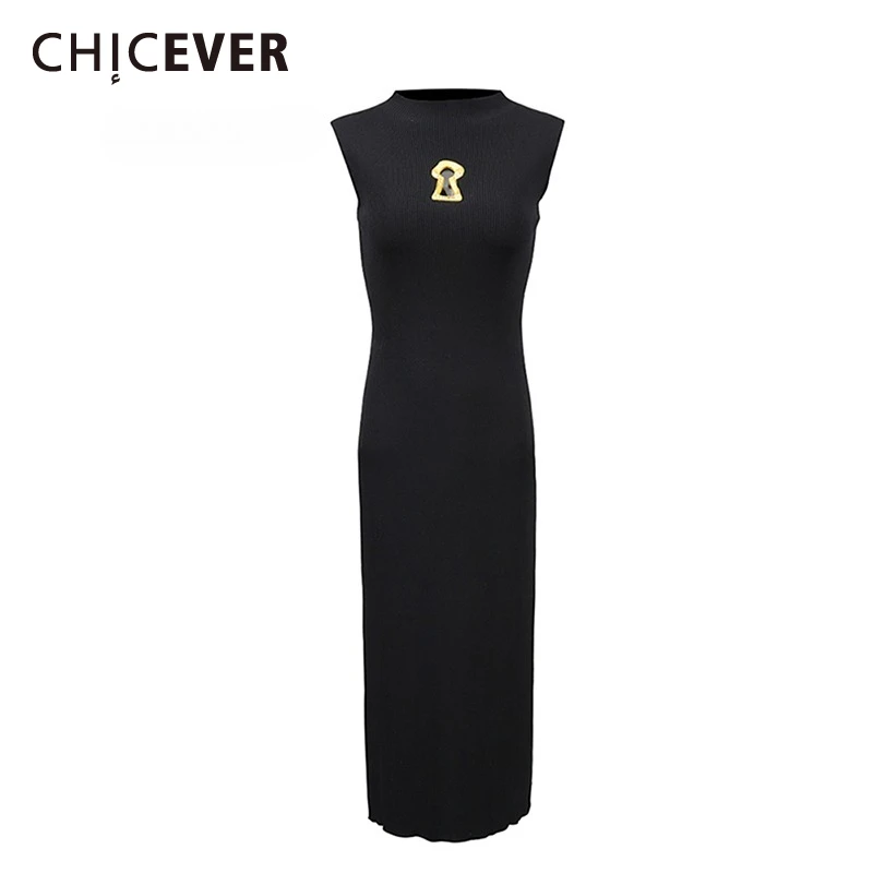 

CHICEVER Black Spliced Metal Ring Dress Female O Neck Sleeveless Slimming Basics High Waist Women's Dresses Summer Fashion Style