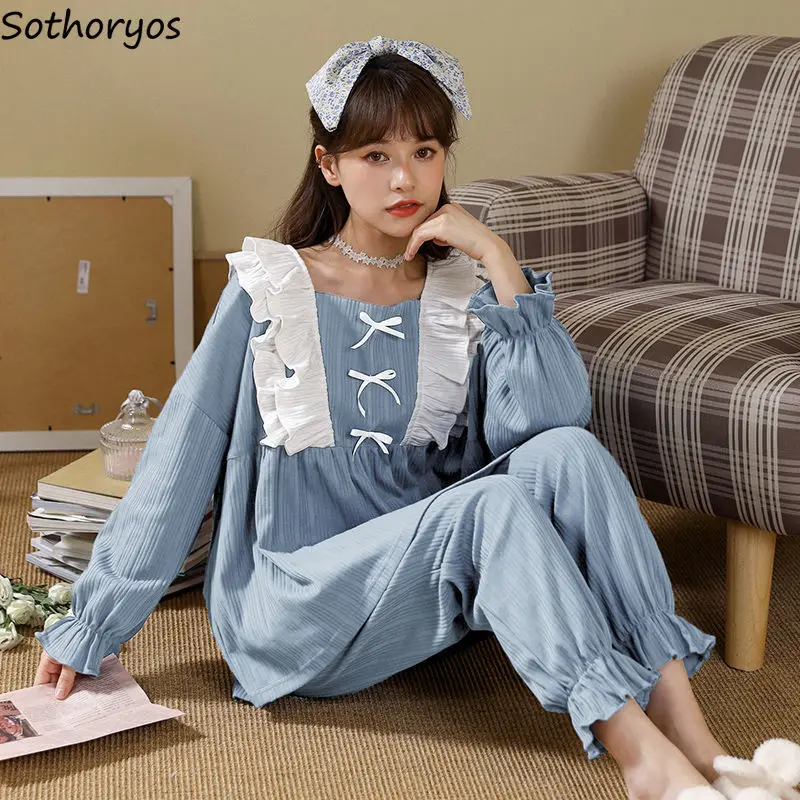 

Pajama Sets Women Long Sleeve Square Collar Sweet Princess Kawaii Style Patchwork Sleepwear Spring Casual Home Lounge Nightsuits