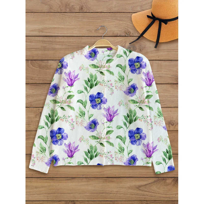 

Ins Retro Floral Digital Print Women’s Sweater Knit Cardigan Loose Fit Crew Neck Long Sleeve Button Thick Autumn Winter Casual
