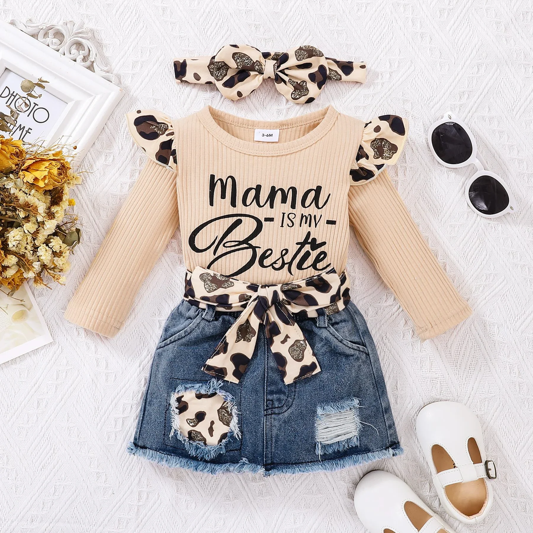 PatPat 3pcs Baby Girl 100% Cotton Leopard Print Belted Ripped Denim Skirt and Letter Print Rib Knit Long-sleeve Romper