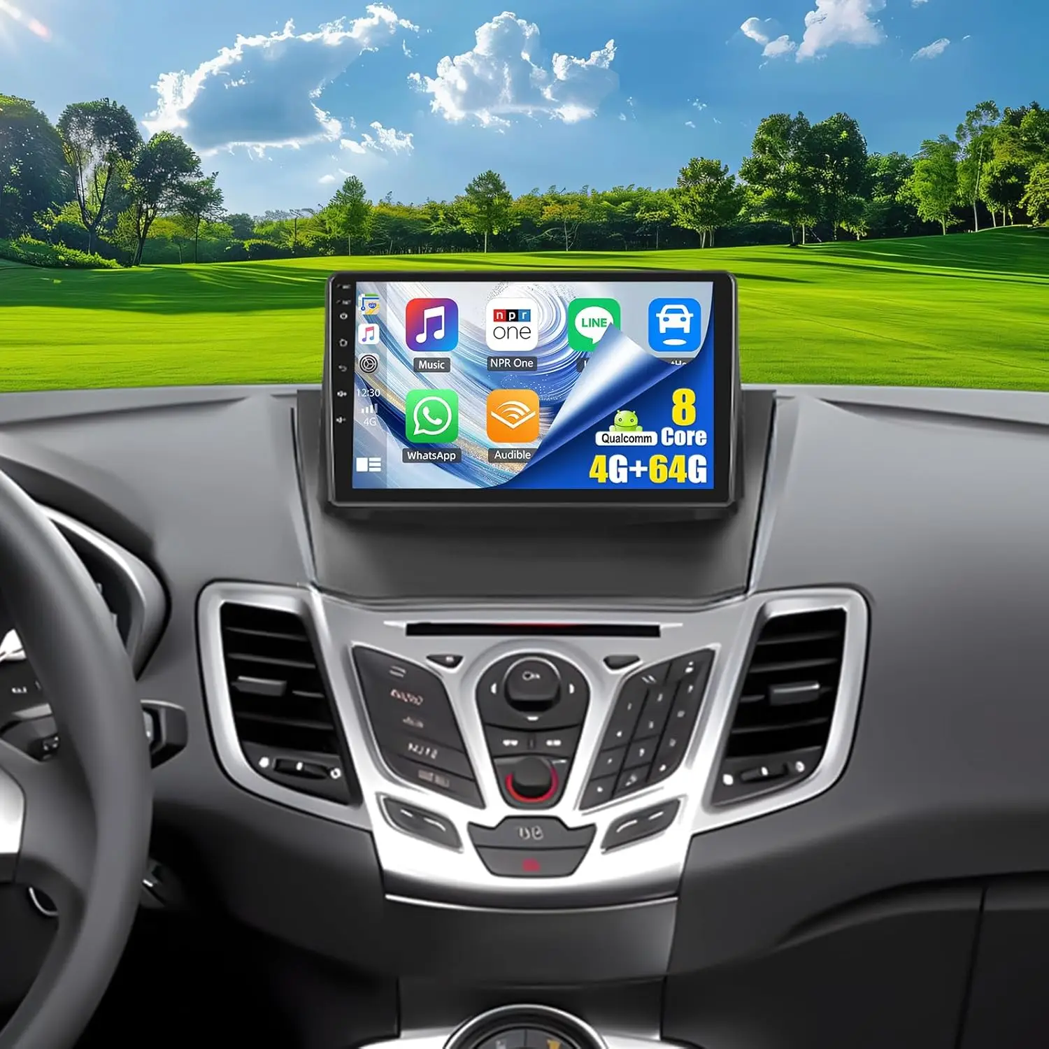 8-adriges Android-Autoradio für Ford Fiesta 2009–2014, 9' Touchscreen, CarPlay, Android Auto, 4G+64 GB, Bluetooth, Lüfter, Wir