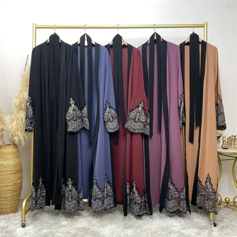

Dubai Lace Embroidery Open Kimono Cardigan Maxi Dress Turkey for Women Muslim Abayas Turkey Ramadan Kaftan Arab Dubai Robe Femme