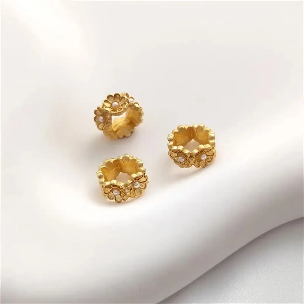 Copper plated matte gold inlaid imitation pearl flower shaped large hole separated bead double-sided DIY jewelry accessories