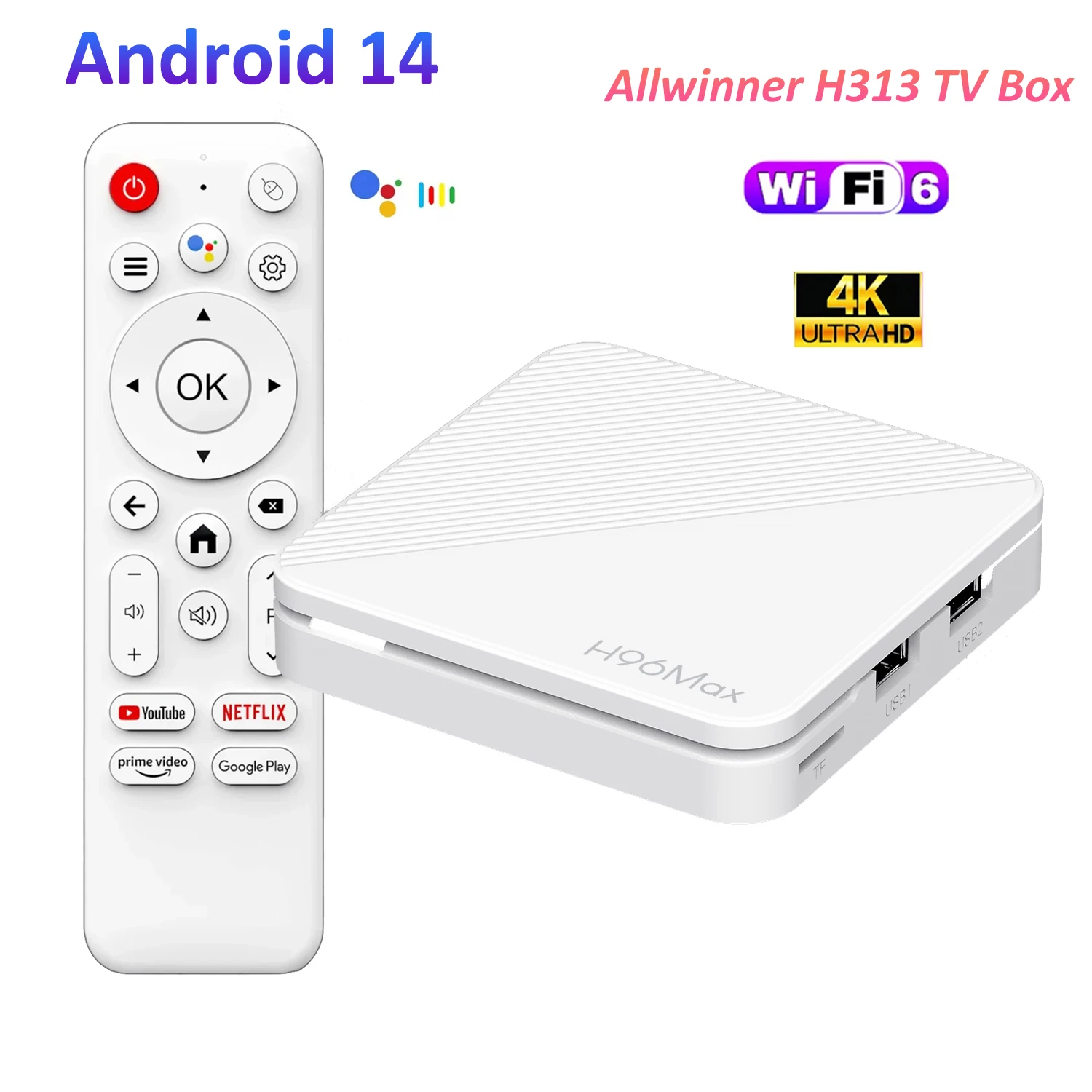 

H96 MAX H313 TV Box Android 14 Smart TV Box 4K Video Set Top Box 100M Wifi6 BT5.0 Voice Assistant Media Player TV Box 2GB 16GB