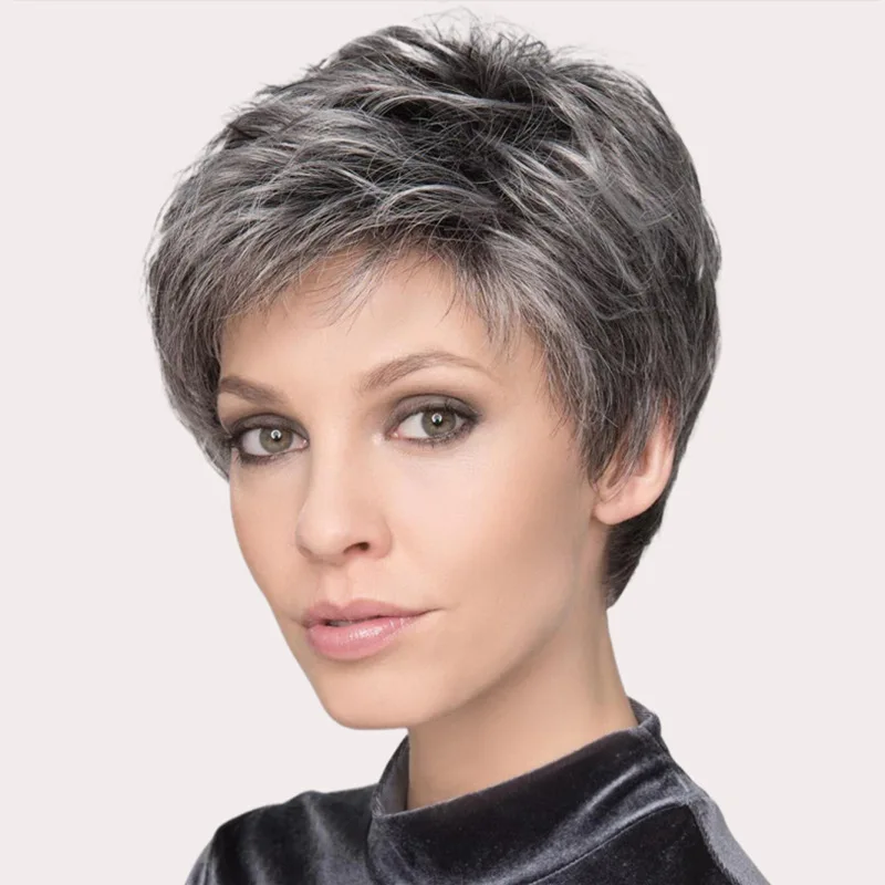 

Short curly , gray-white for the elderly, side-parted high-temperature synthetic wig