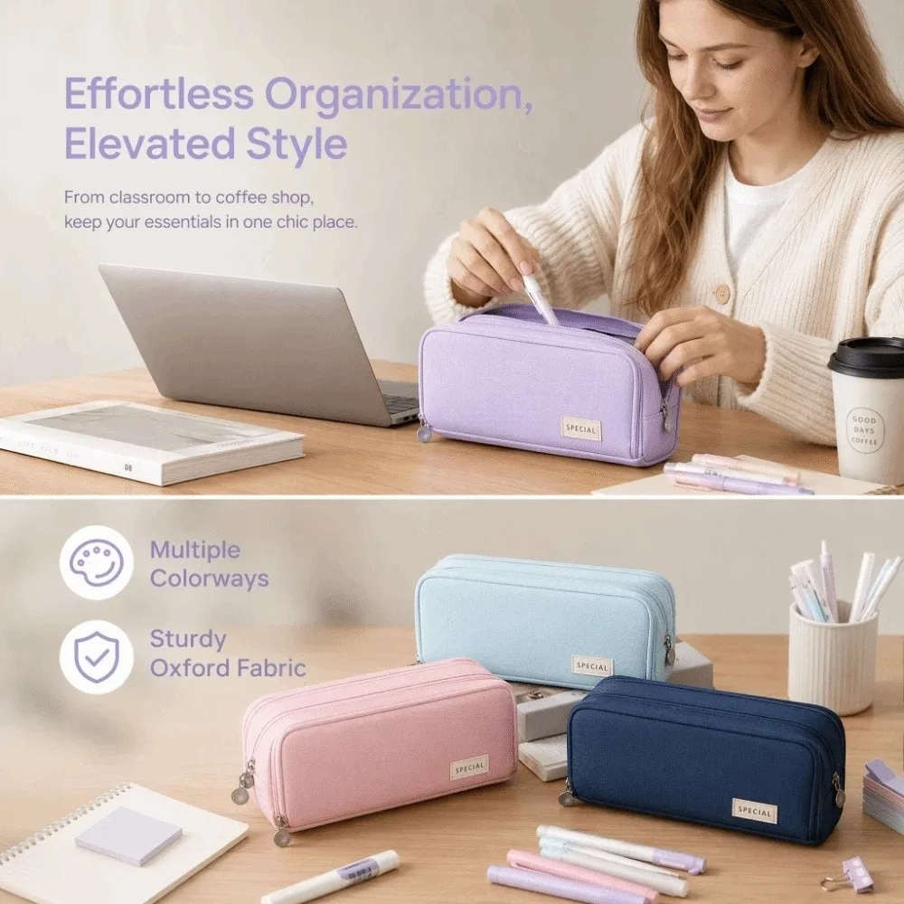 Large Capacity Minimalist Pen Bag Oxford Cloth Zippered Solid Color Pencil Pouch Multi-functional Space Saving