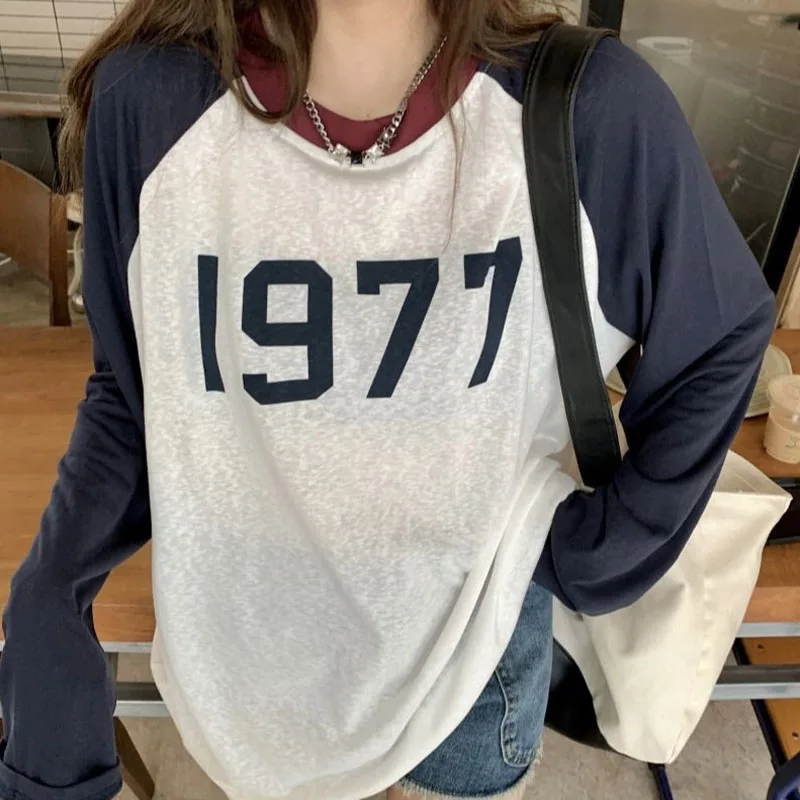 Odzież damska moda prosta luźna koszulka z długim rękawem wiosna lato Casual sweter z okrągłym dekoltem Lady drukowanie cienki top Tee