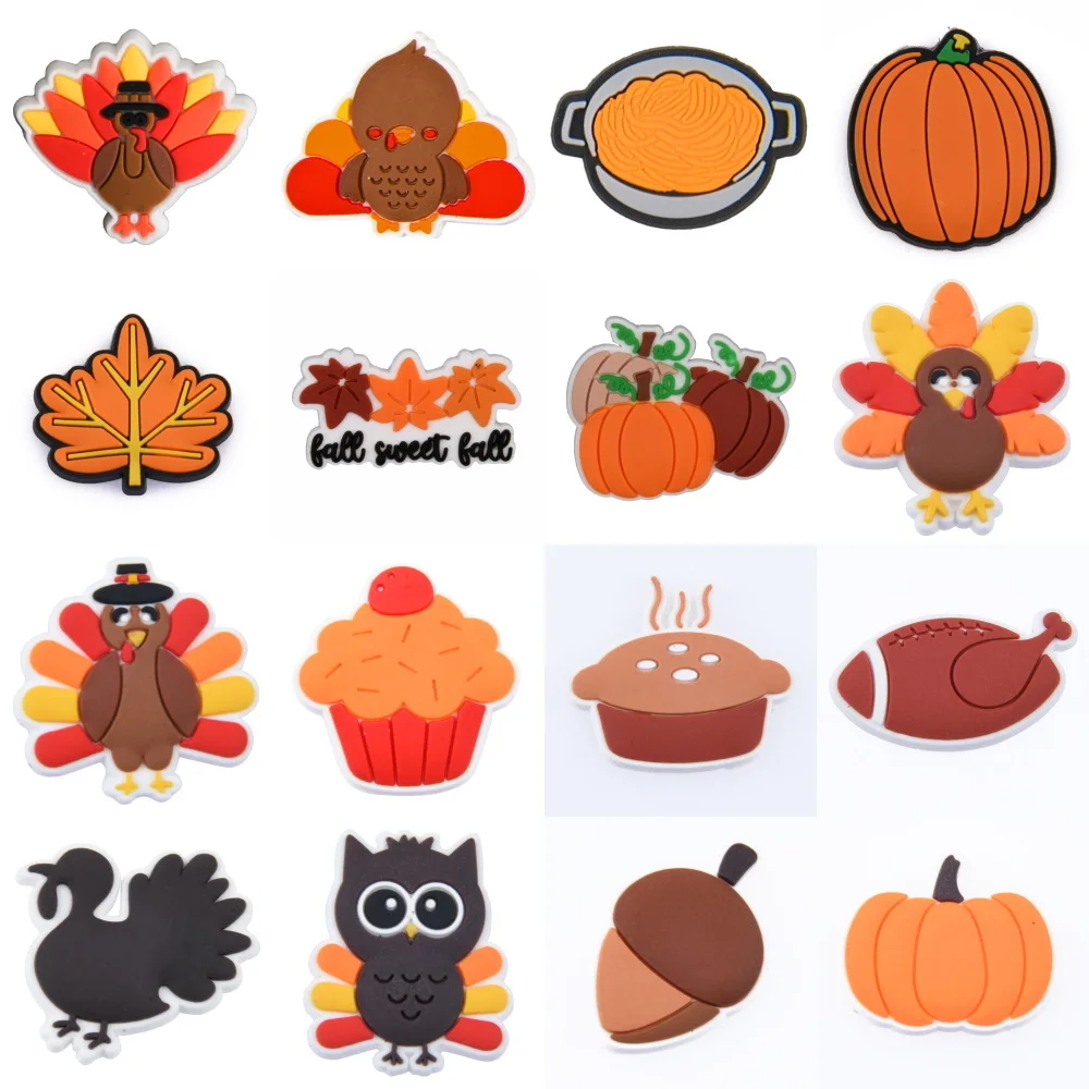 16pcs Thanksgiving Day Chocolate Pie Shoe Decoration Fried Chicken Pumpkin Shoe Charms Cartoon Cute Clog Charm Party Favor