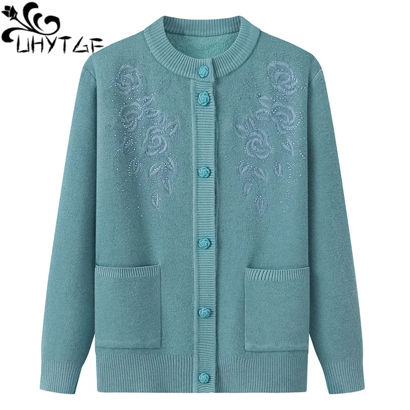 Autumn Winter Sweater Coat Women Warm Middle- Aged Mother Knitted Sweater Embroidered Plush Grandma Cardigan Tops Women 4XL 2914