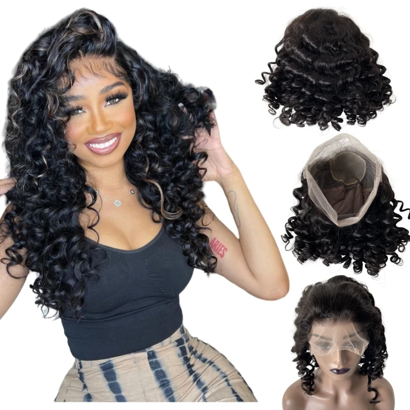 

12 inches Natural Color Mongolian Virgin Human Hair Bouncy Loose Curl 150% Density 4x4 Silk Top Full Lace Wig for Black Woman