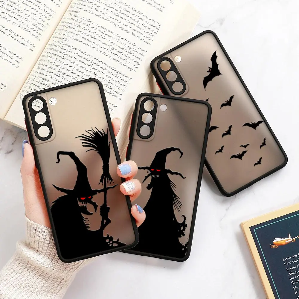 Black Halloween Witch Bat Matte Clear Coque For Samsung S23 Ultra Case Galaxy S20 S21 FE S22 Ultra S10 Lite S8 S9 S23 Plus Cover