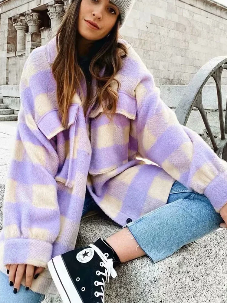

2025 New European and American Style Women's Fashion Retro Pocket Decoration Plaid Loose Irregular Casual Shirt Jacket
