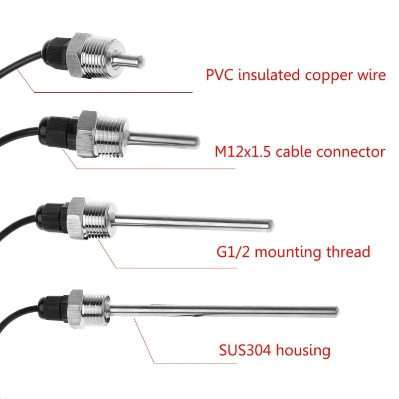 Sensor de temperatura Digital DS18B20 G1/2 ", sonda de rosca, diámetro = 8mm, cable de 3 núcleos SUS304