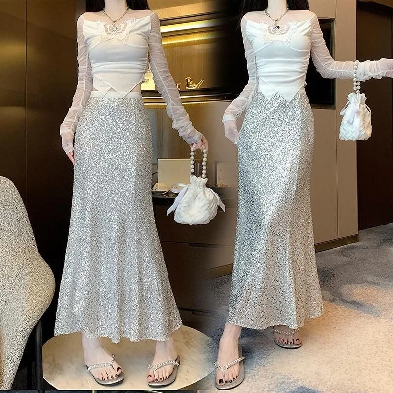 Women's Sequin Skirt Korean Fashion  Elastic High Waist Ruffled Hem A  Line Y2k  Night Out Party Bodycon Midi Skirt Clothes